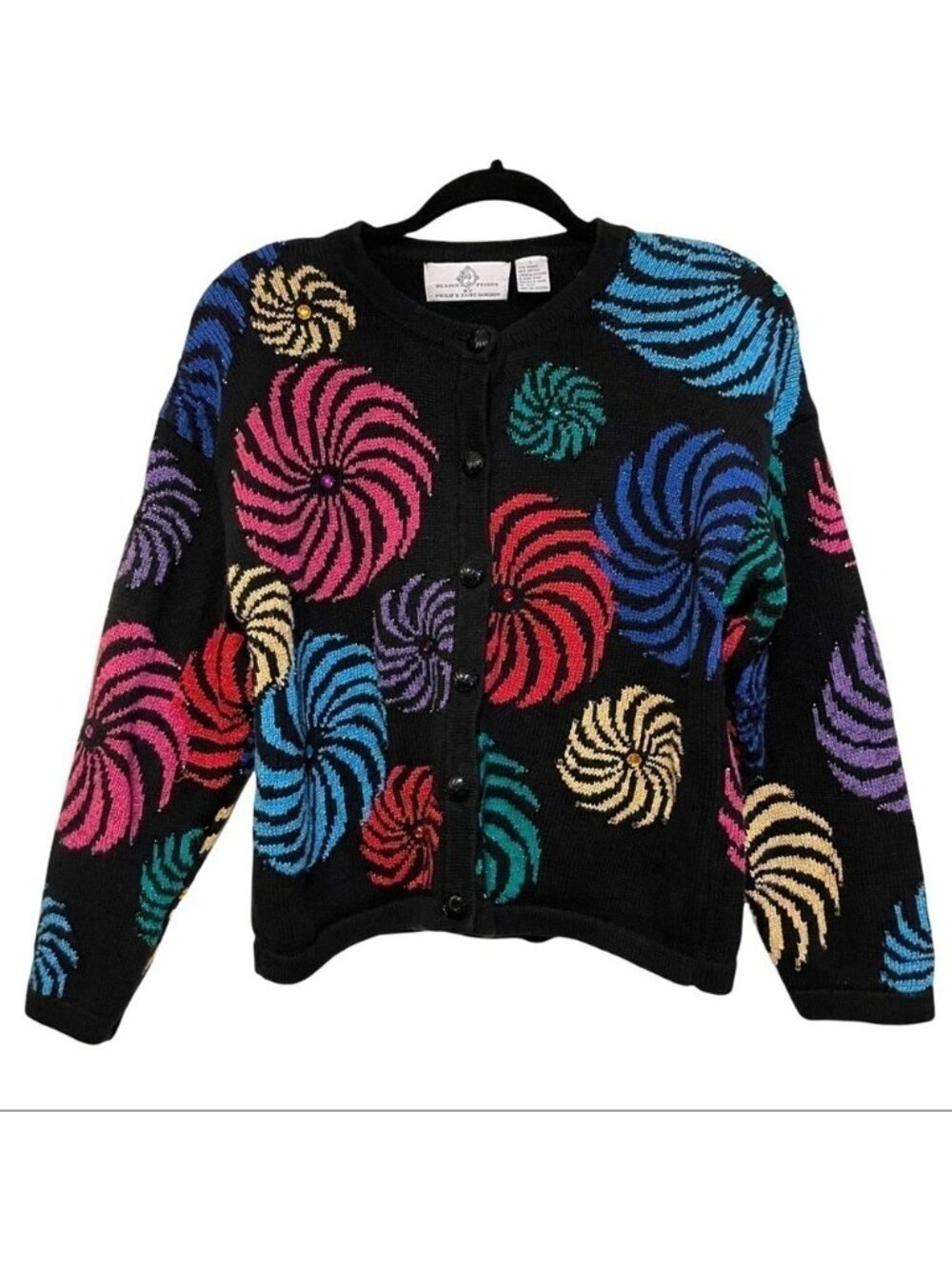 Vtg Design Options Cardigan Sweater Large Phillip Jane Gordon Pinkwheel Swirls - Picture 12 of 12